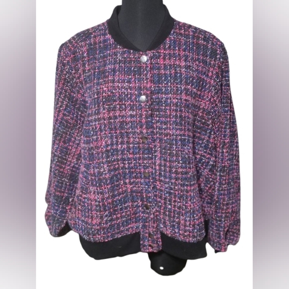 NWT Multicolored Tweed Varsity Bomber Jacket | Black Trim Snap Front Size 3 - Picture 2 of 3